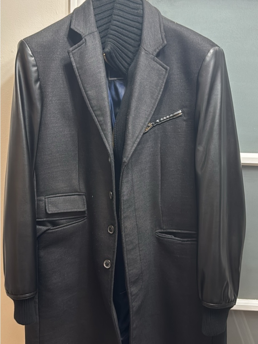 Men's Black Wool-Blend Overcoat with Leather Sleeves